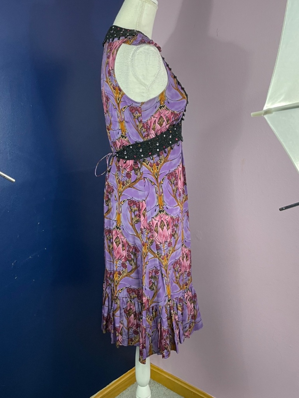 Tracy Reese 100% Silk Dress 6 Y2K Rhinestone Jeweled Floral Empire Waist Purple - Picture 5 of 14